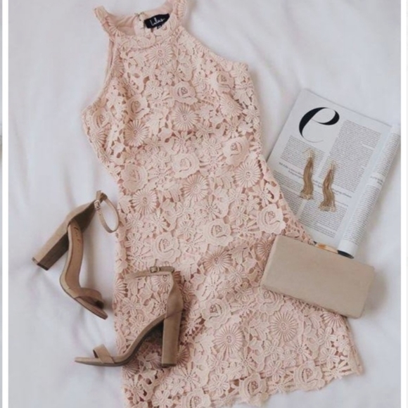 Lulus Dresses & Skirts - Lulus Love Poem Blush Pink Beige Lace Floral Crochet Mini Dress Size XS